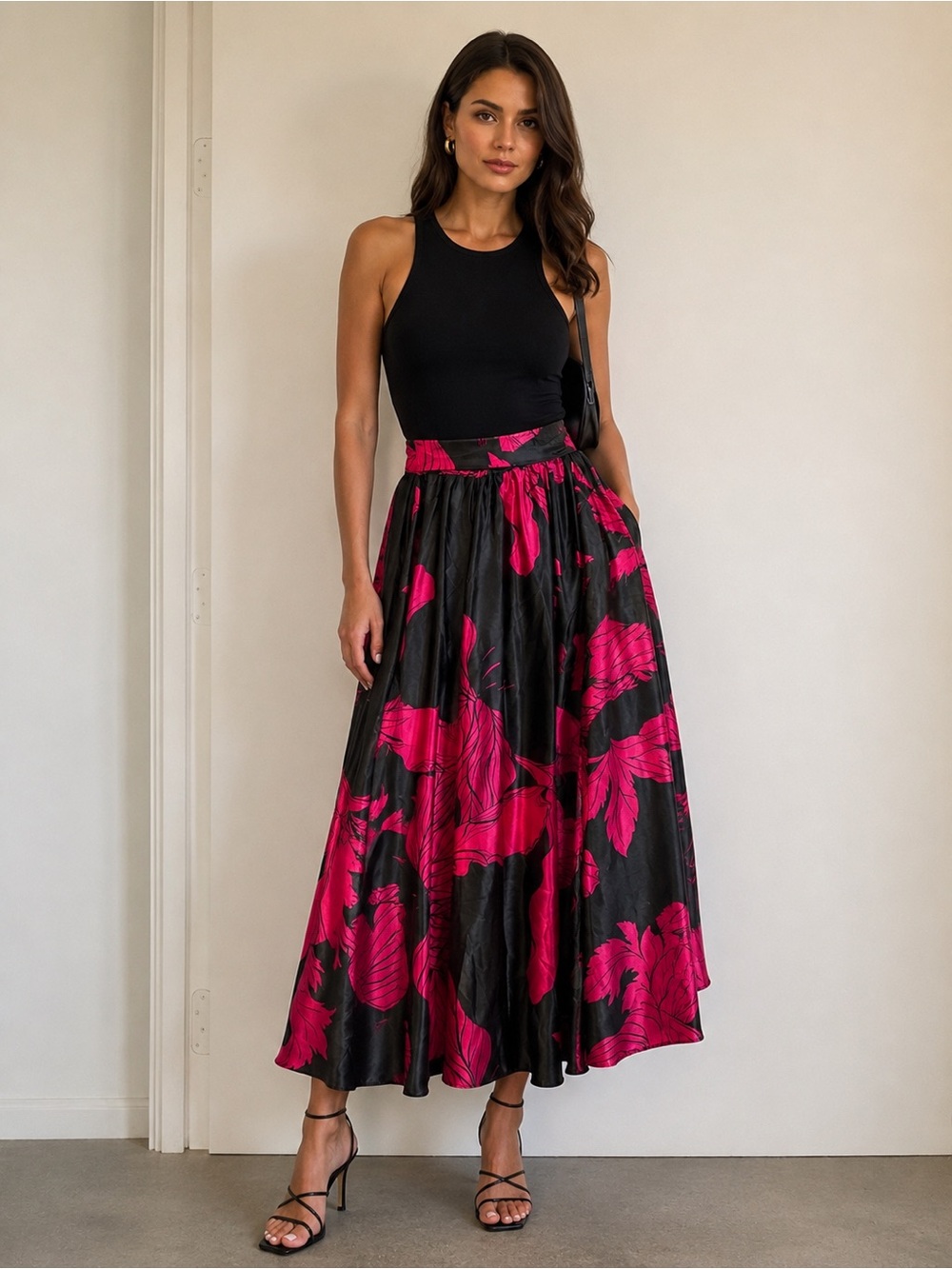 Black & Fuchsia Floral Maxi Skirt — Women’s Flowing A-Line
